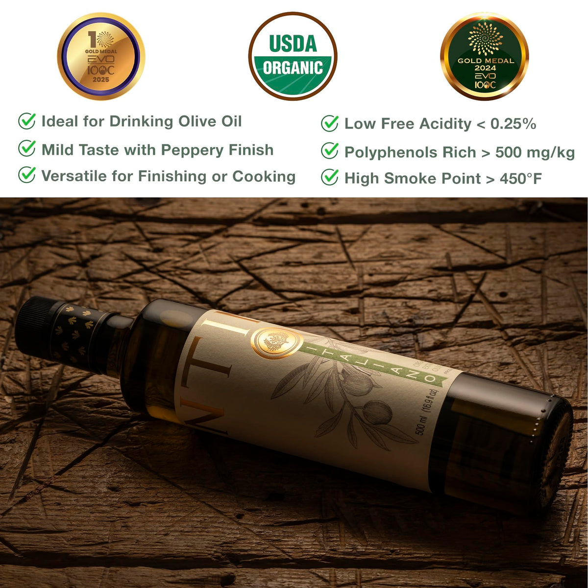 Entimio bottle label close-up highlighting organic, high-polyphenol EVOO.