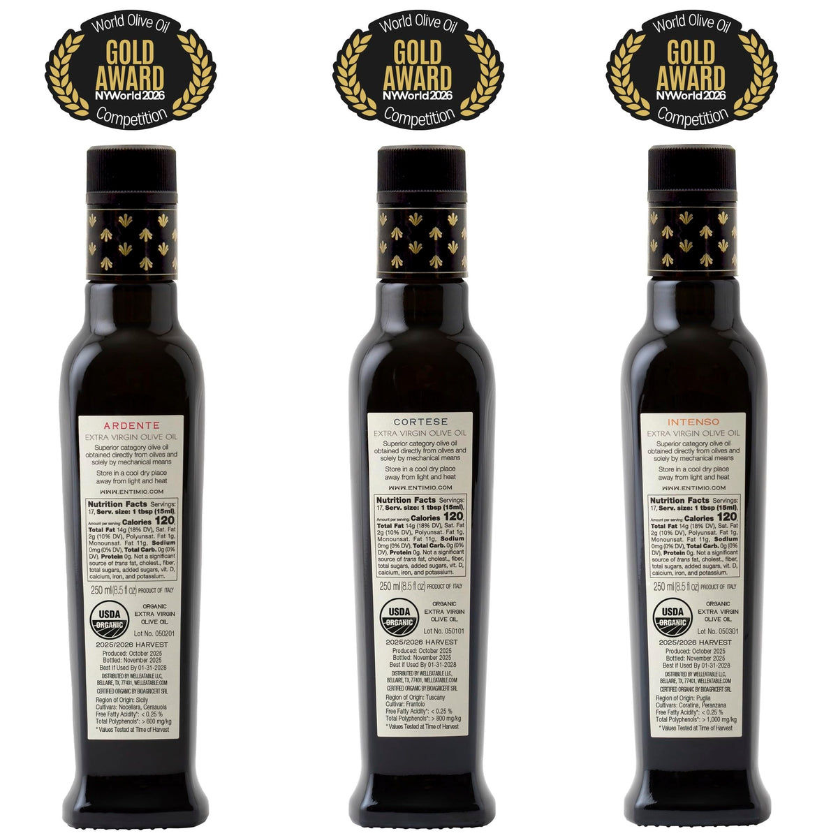 Entimio brochure and oils on kitchen counter ready for tasting