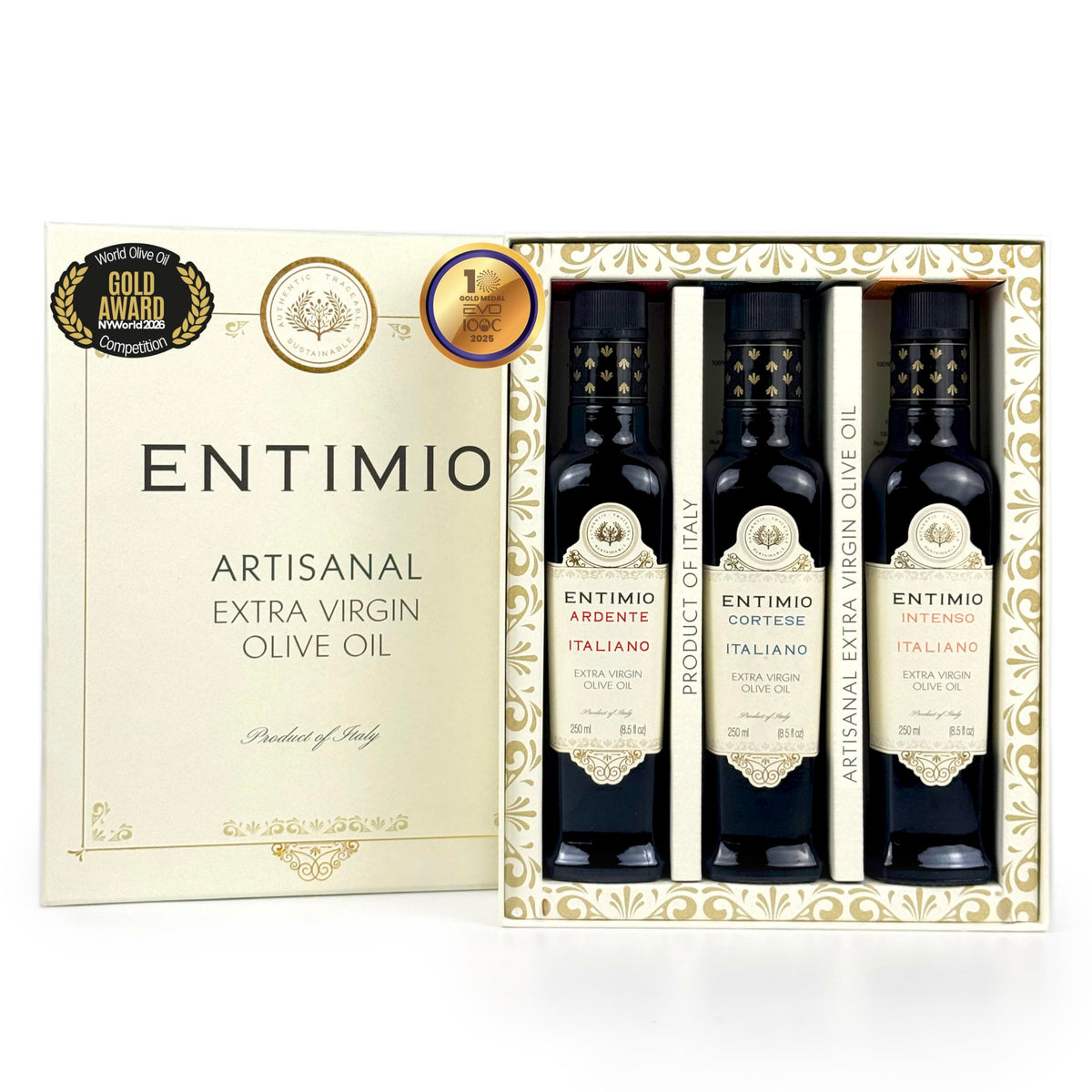 Entimio collection gift set box showing premium olive oil trio for gifting