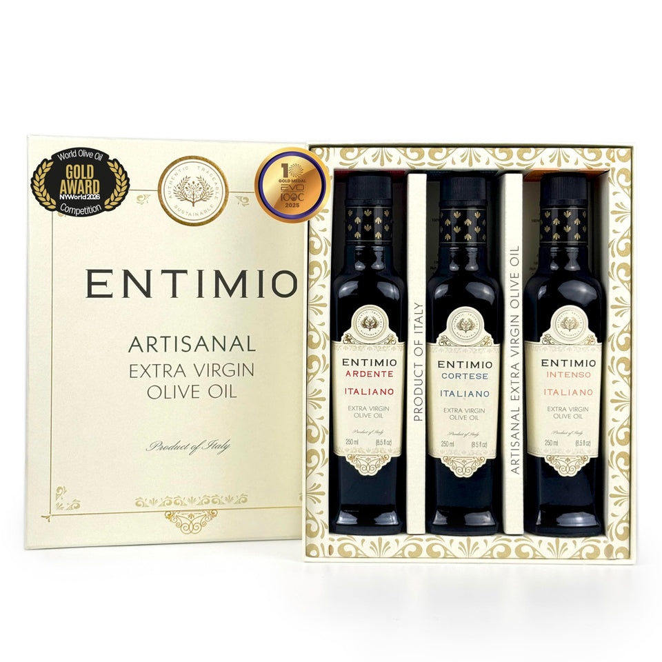 Entimio collection gift set box showing premium olive oil trio for gifting