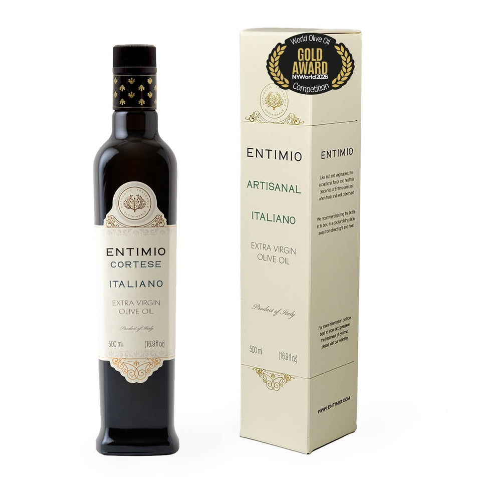 Entimio Cortese bottle front showcasing premium EVOO for everyday cooking