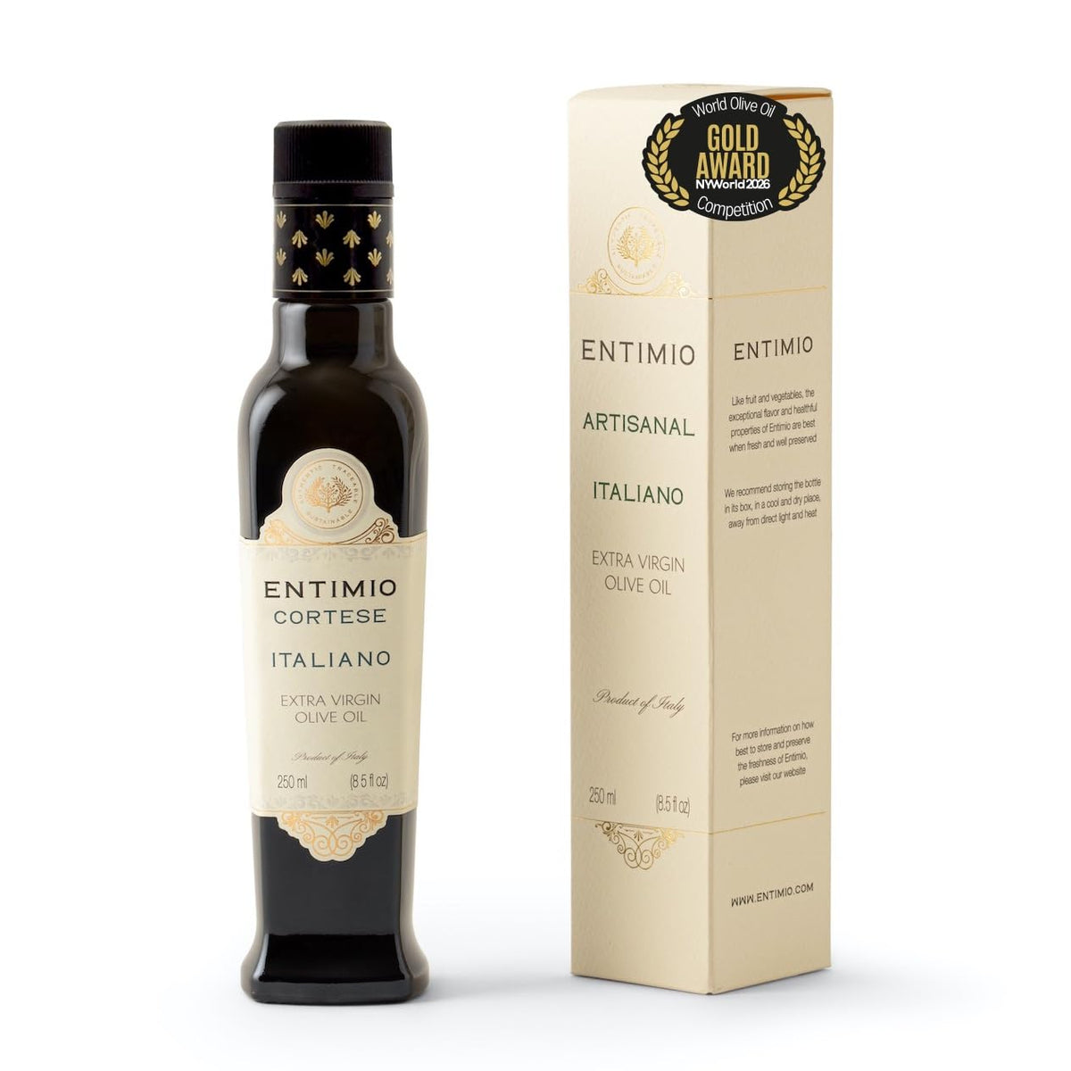 Entimio Cortese bottle close-up highlights polyphenol-rich EVOO aroma.
