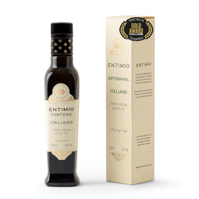 Entimio Cortese bottle close-up highlights polyphenol-rich EVOO aroma.