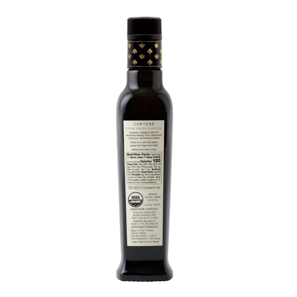 Entimio Cortese glass bottle on kitchen counter; premium packaging preserves freshness.