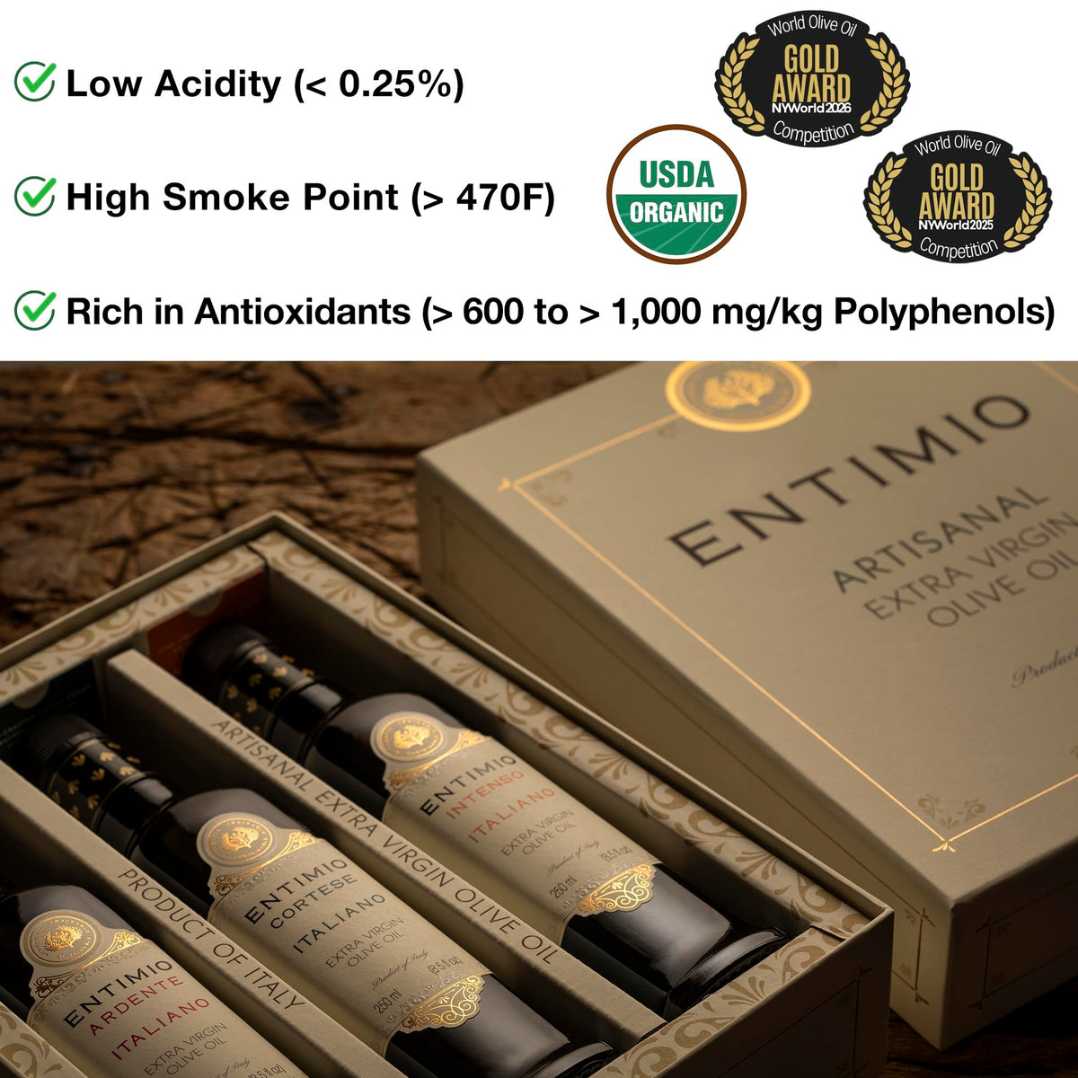 Entimio Early Harvest olive oil bottle highlighting fresh flavor from October harvest