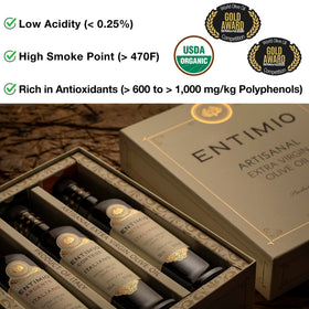 Entimio Early Harvest olive oil bottle highlighting fresh flavor from October harvest