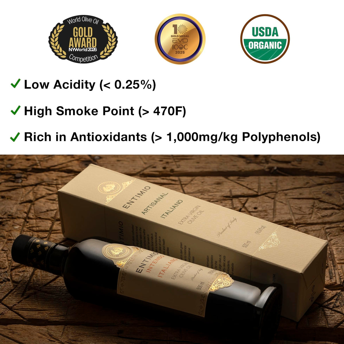 Entimio Intenso bottle label closeup with USDA Organic and NYIOOC Gold.