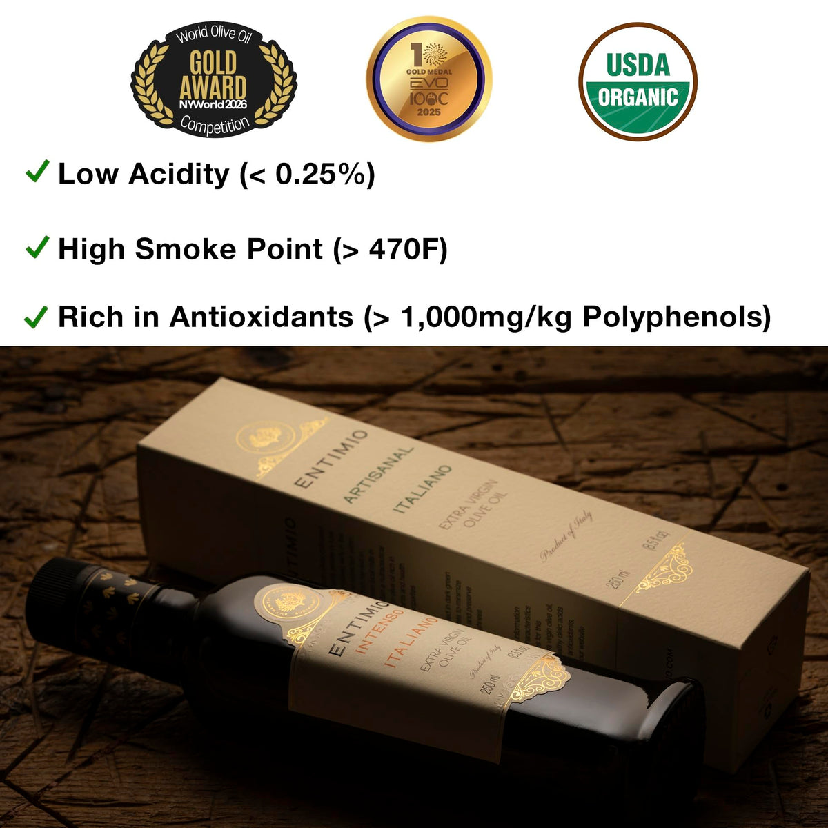 Entimio Intenso label closeup highlighting award quality EVOO