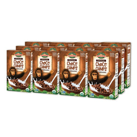 EnviroKidz Choco Chimps bowl with milk highlights crunchy cocoa coated puffs.