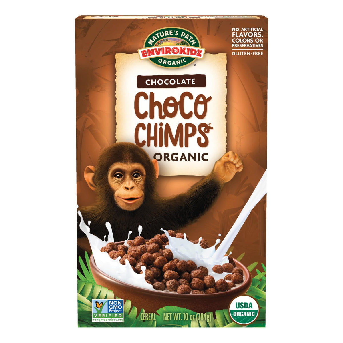 EnviroKidz Choco Chimps cereal box front shows organic ingredients and gluten free option.