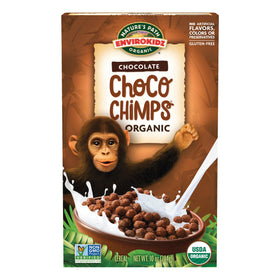 EnviroKidz Choco Chimps cereal box front shows organic ingredients and gluten free option.