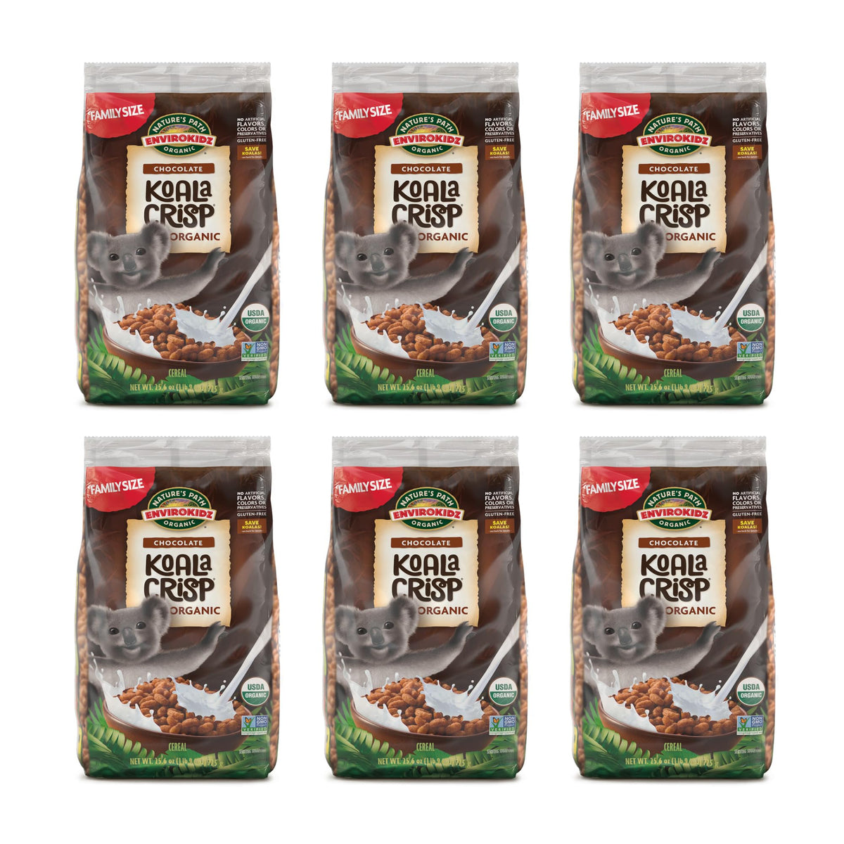 EnviroKidz Koala Crisp cocoa coating close-up for chocolaty crunch.