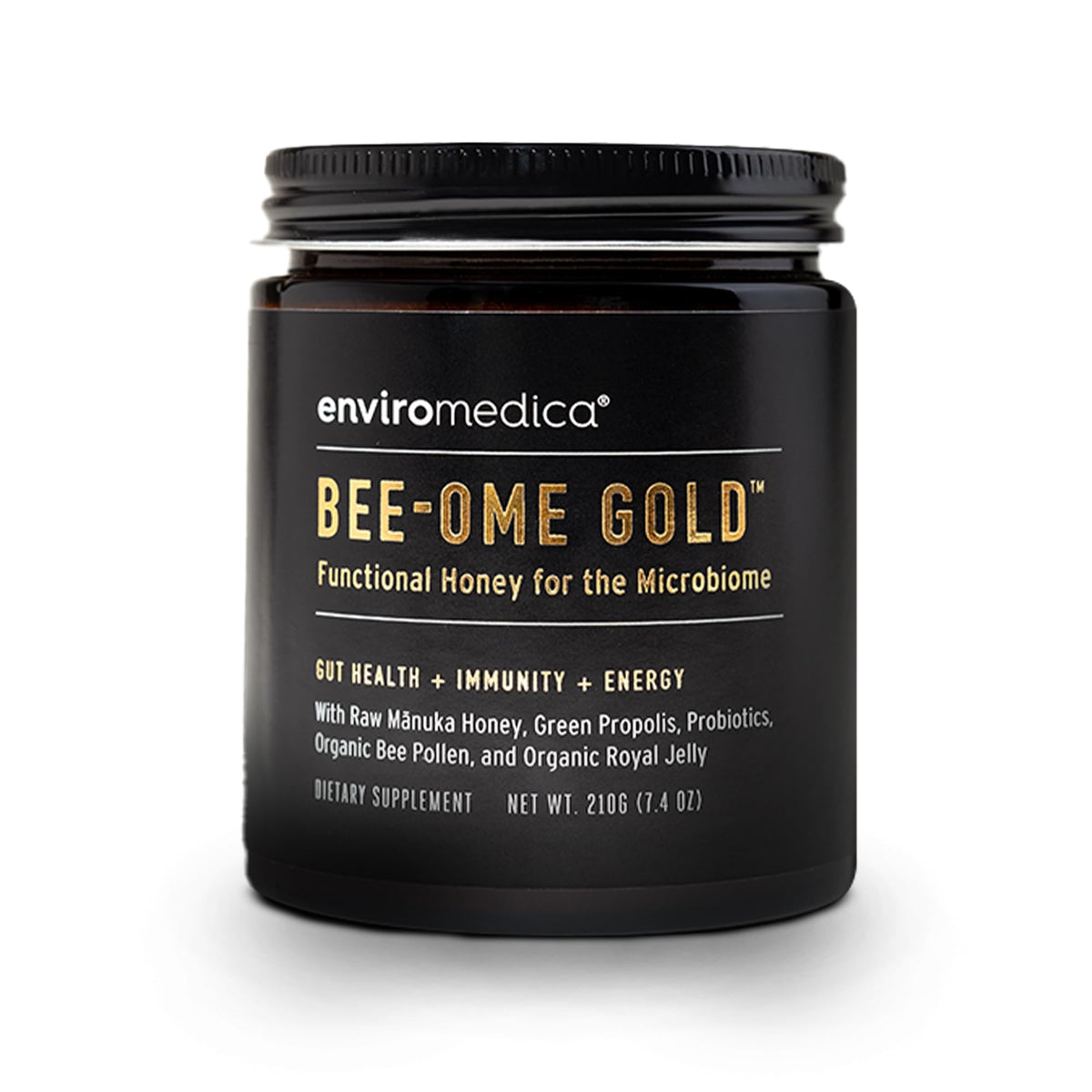 Enviromedica Bee-Ome Gold bottle with pour, highlighting probiotic-rich honey for daily wellness
