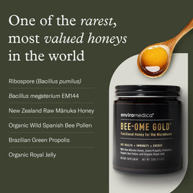 Enviromedica Bee-Ome Gold honey pour highlights natural sweetness with royal jelly richness