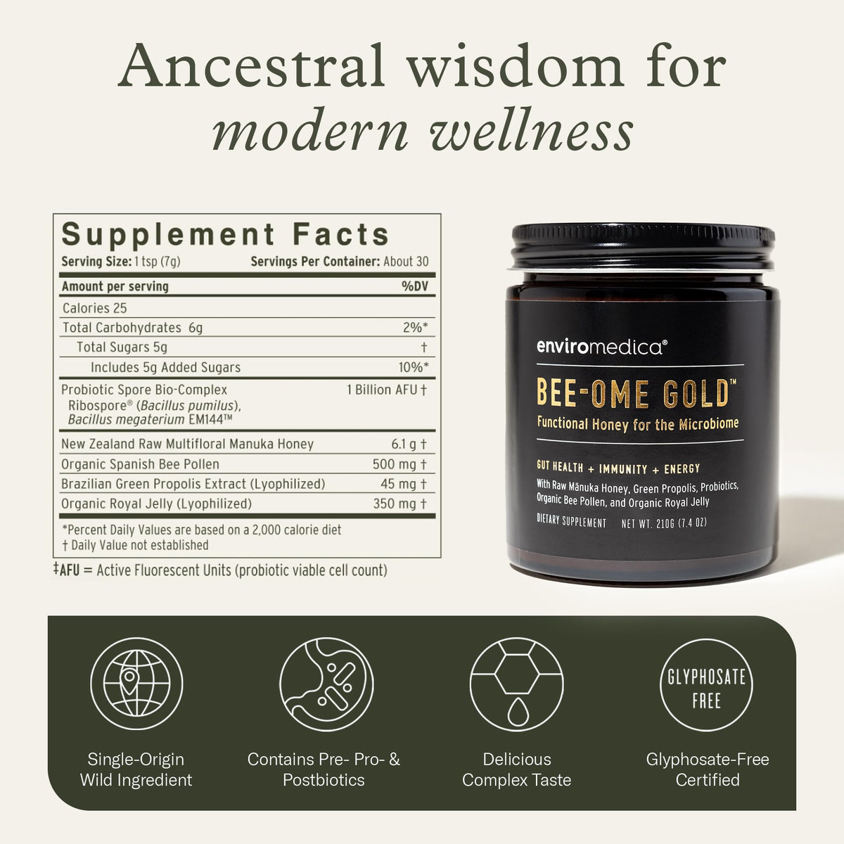 Enviromedica Bee-Ome Gold ingredient list graphic signals nutrient-dense, probiotic-rich features