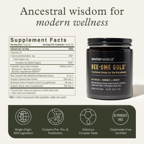 Enviromedica Bee-Ome Gold ingredient list graphic signals nutrient-dense, probiotic-rich features