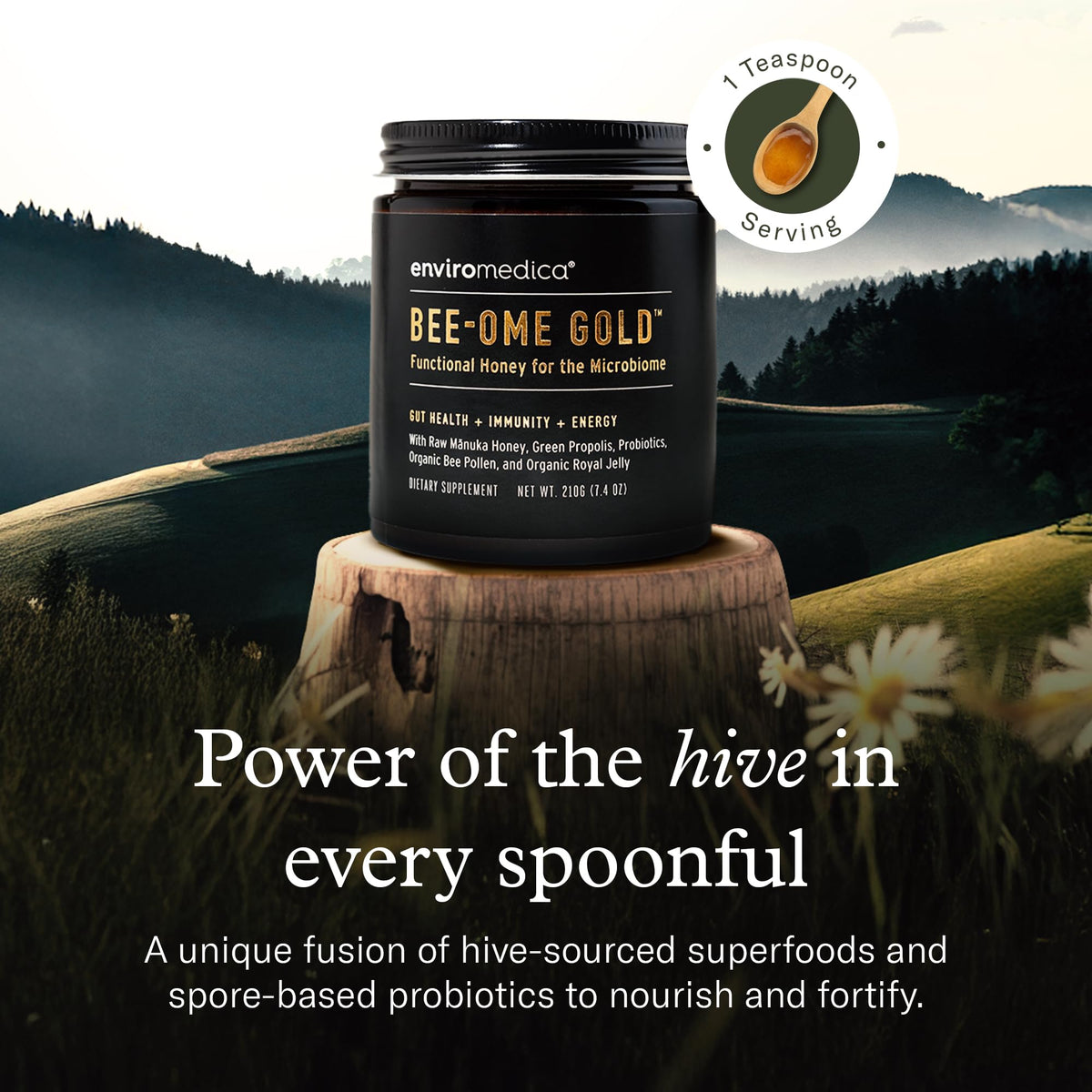 Enviromedica Bee-Ome Gold spoon-probiotic close-up showcases gut-friendly superfood versatility