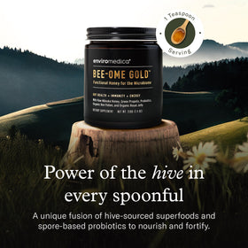 Enviromedica Bee-Ome Gold spoon-probiotic close-up showcases gut-friendly superfood versatility