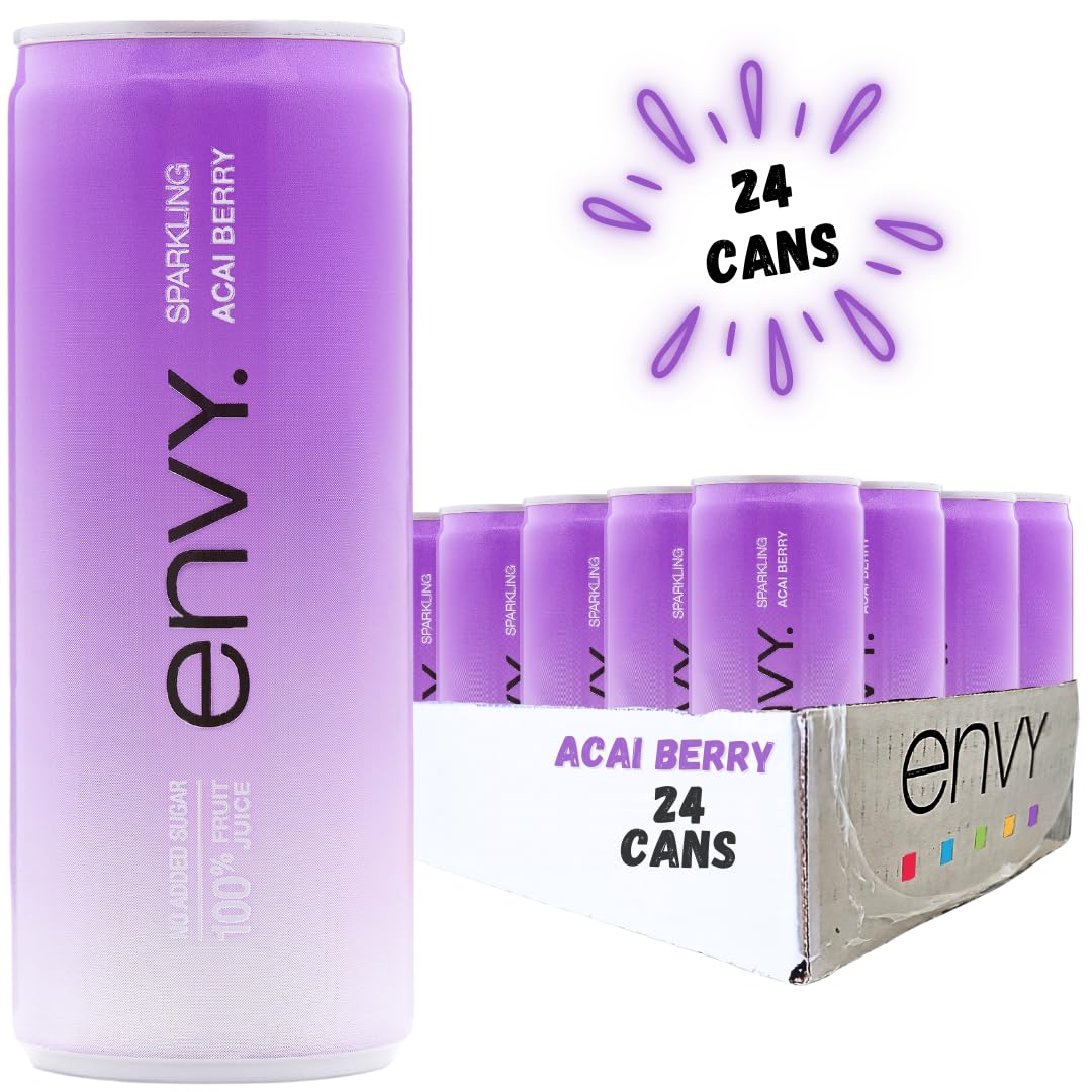 Envy Sparkling Acai Berry 8oz label highlights vibrant juice and no added sugar.