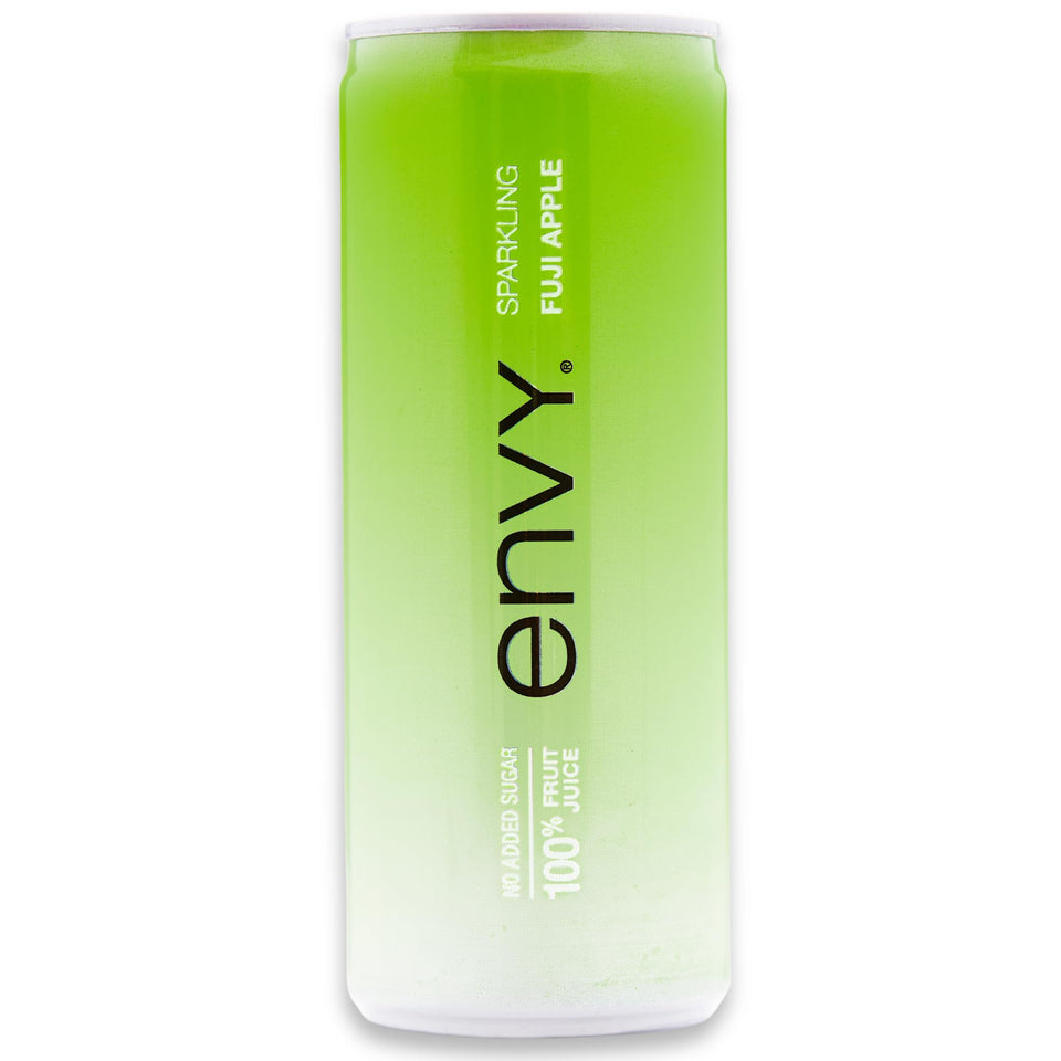 Envy Sparkling Fuji Apple juice bottle front highlights all-natural ingredients.