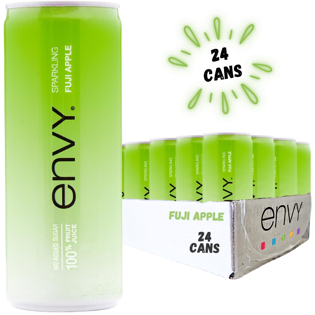 Envy Sparkling Fuji Apple juice bottle being poured for a refreshing drink.