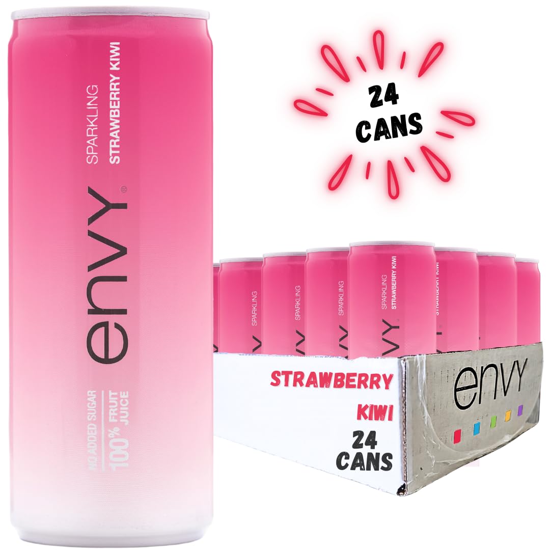 Envy Sparkling Strawberry Kiwi bottle being poured highlights bright, energizing taste.