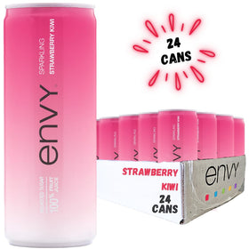 Envy Sparkling Strawberry Kiwi bottle being poured highlights bright, energizing taste.