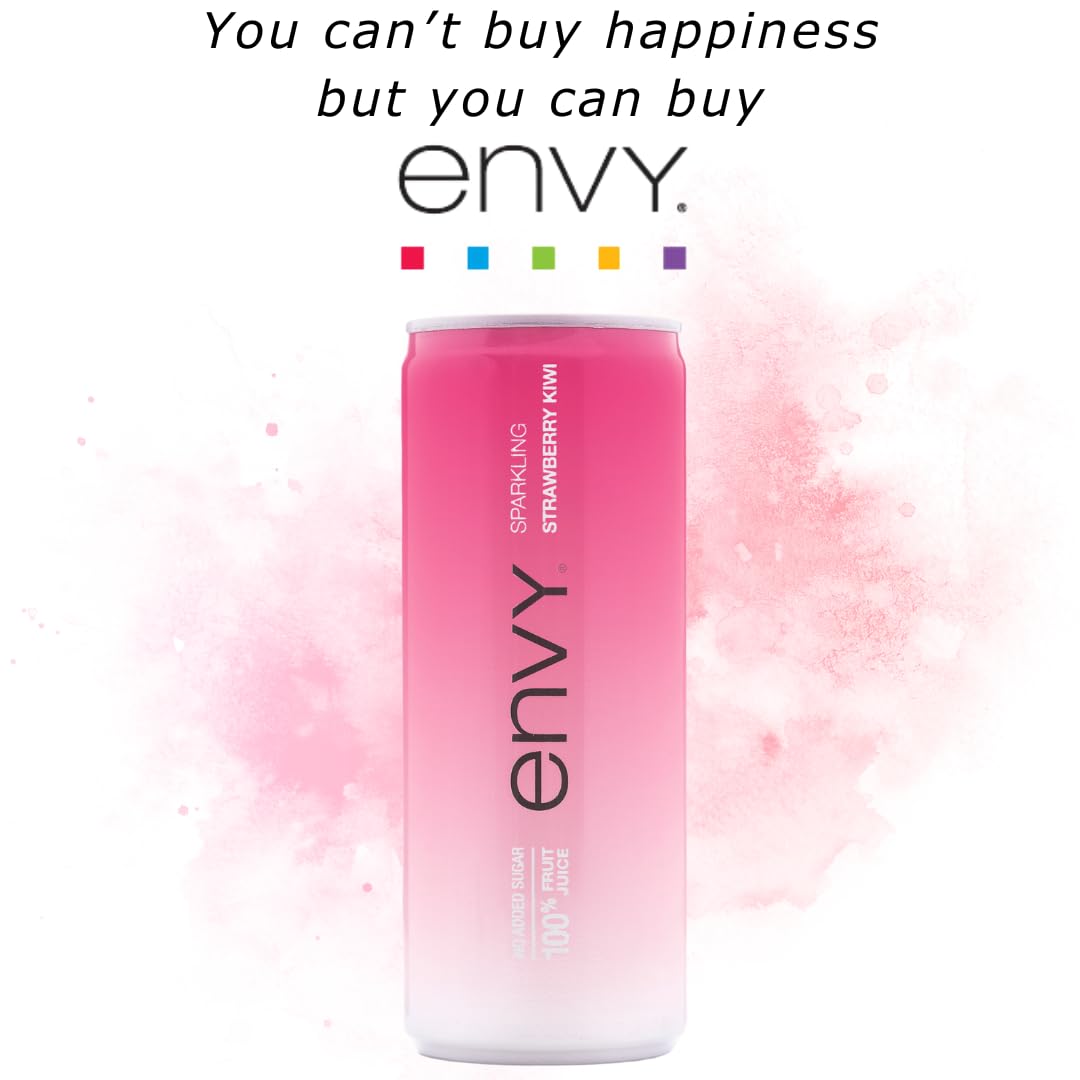 Envy Sparkling Strawberry Kiwi juice served in a glass shows vibrant color and aroma.