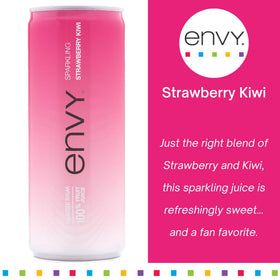 Envy Sparkling Strawberry Kiwi bottle label detail highlights all-natural ingredients.