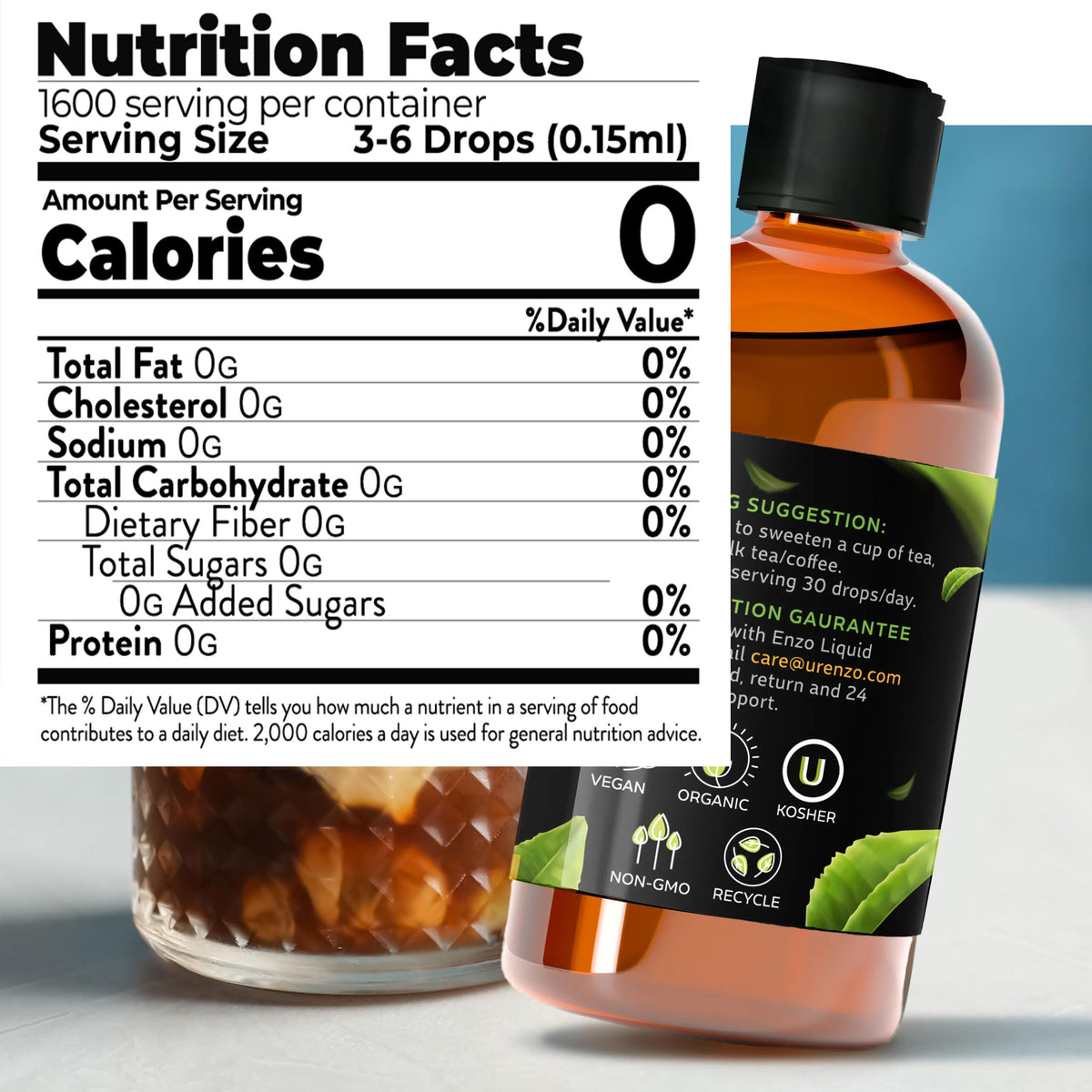 Close-up of Enzo's Stevia Drops label highlighting natural ingredients