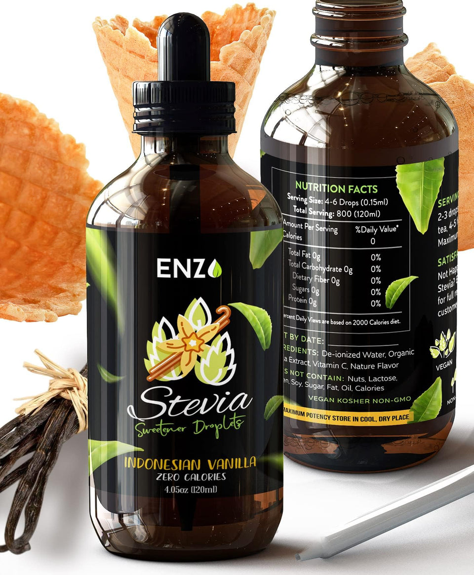 Enzo's Liquid Stevia Drops vanilla bottle for zero-calorie sweetness