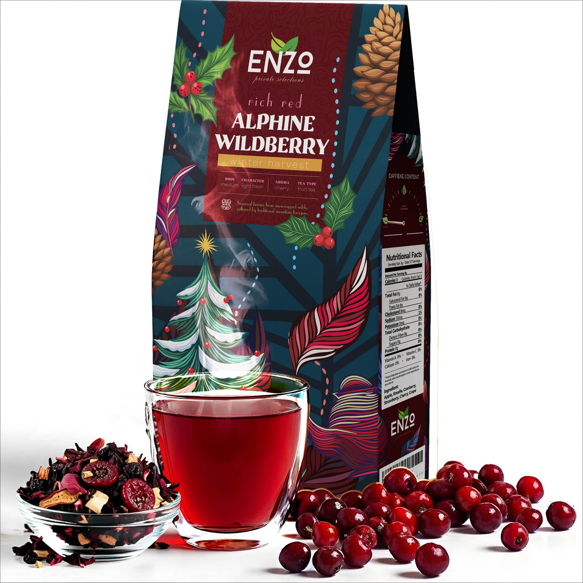 Enzo's Private Selection Alpine Wildberry loose leaf tea, fragrant and caffeine free.