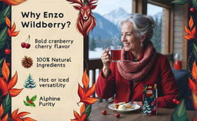 Enzo's Alpine Wildberry mountain-harvest imagery evokes pristine soil and flavor richness.