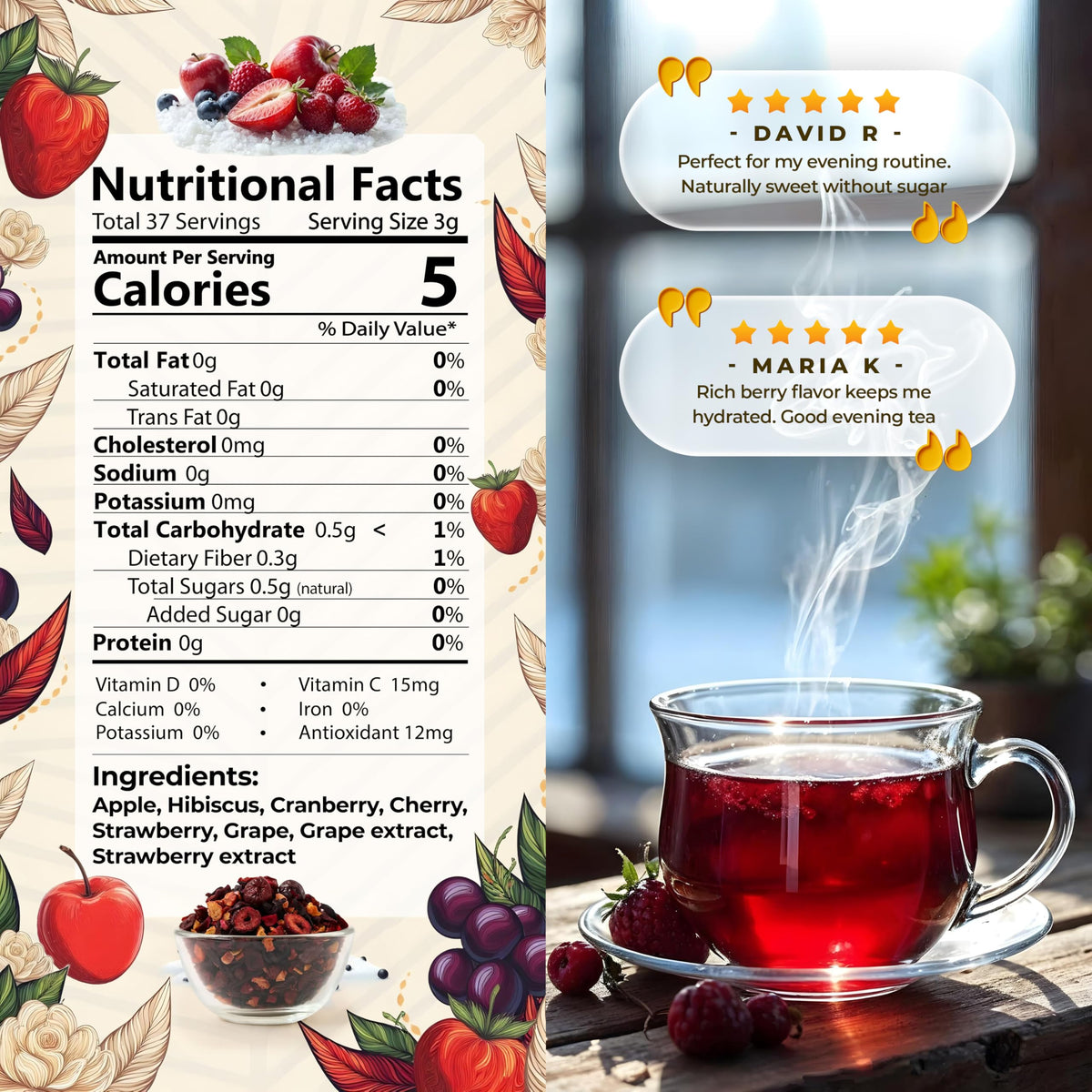 Enzo's Alpine Wildberry tea steeping captures mountain berry aroma and color.
