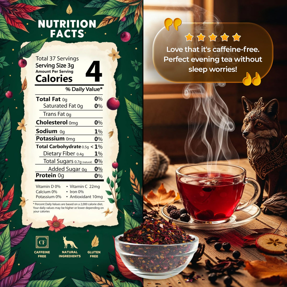 Enzo's Crimson Harvest dried berry mix showing black currant and hibiscus flavors for a berry-forward brew.