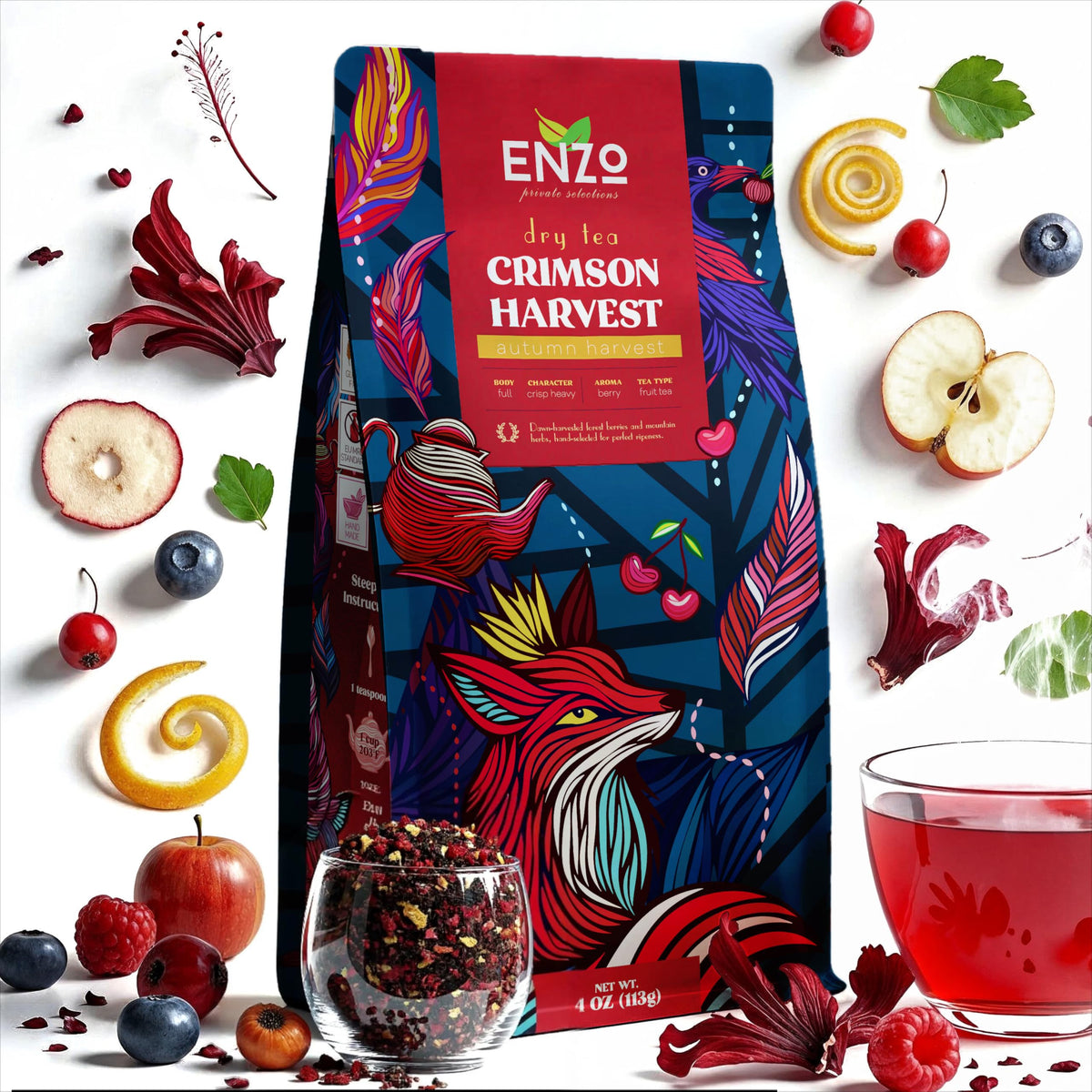 Enzo's Private Selection Crimson Harvest tea bag closeup—rich berry aroma.