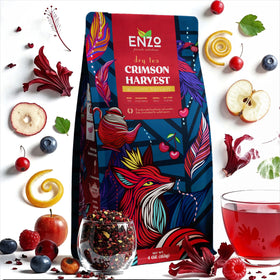 Enzo's Private Selection Crimson Harvest tea bag closeup—rich berry aroma.