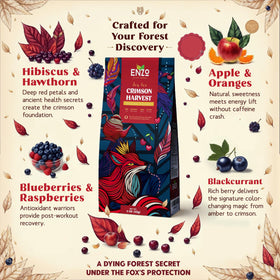 Enzo's Crimson Harvest tea leaves and dried fruit ready to steep into a caffeine-free afternoon ritual.