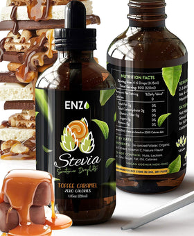 Enzo's Liquid Stevia Drops bottle pour for precise zero-calorie sweetness in coffee.