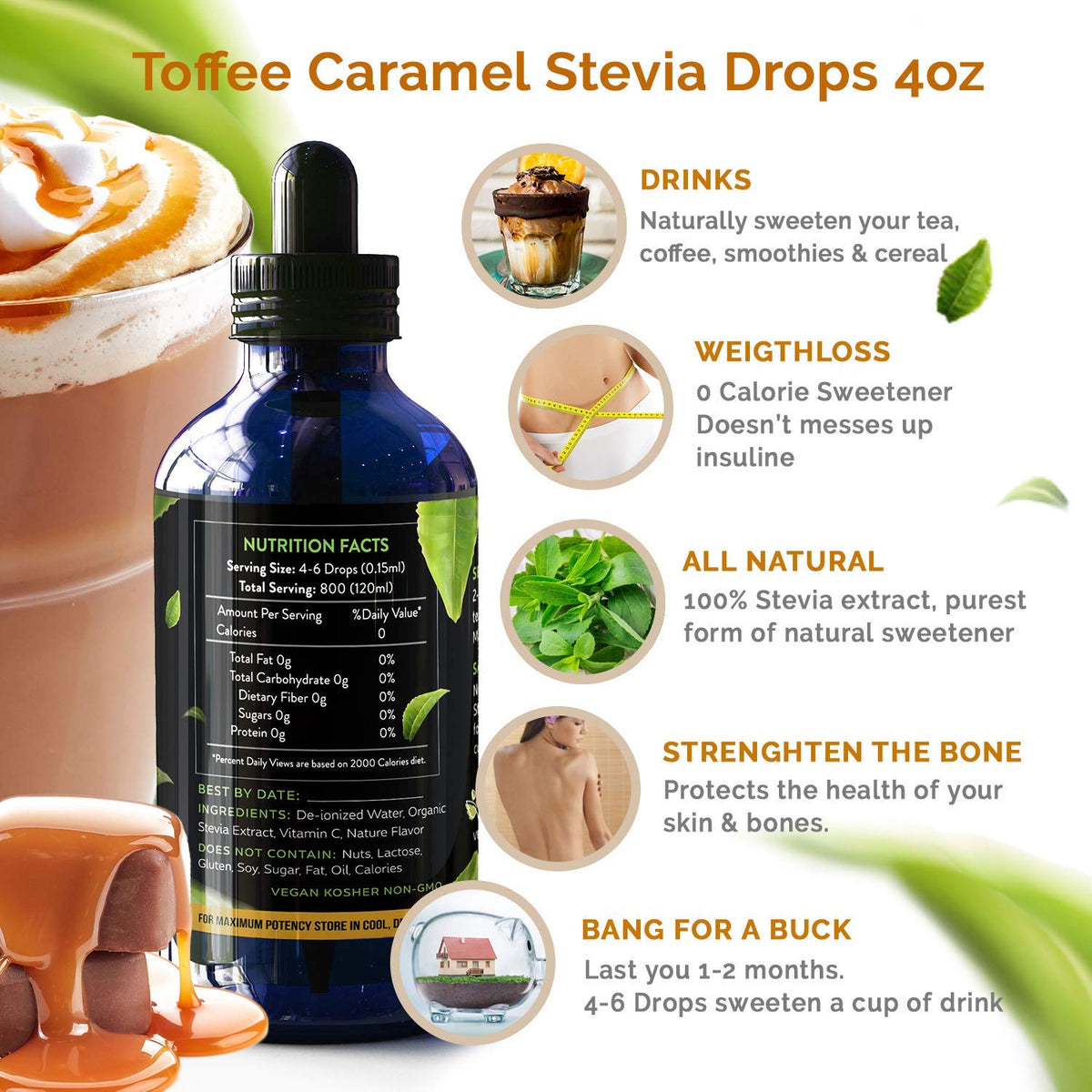 Enzo's Liquid Stevia Drops ideal for desserts like ice cream and gelato.