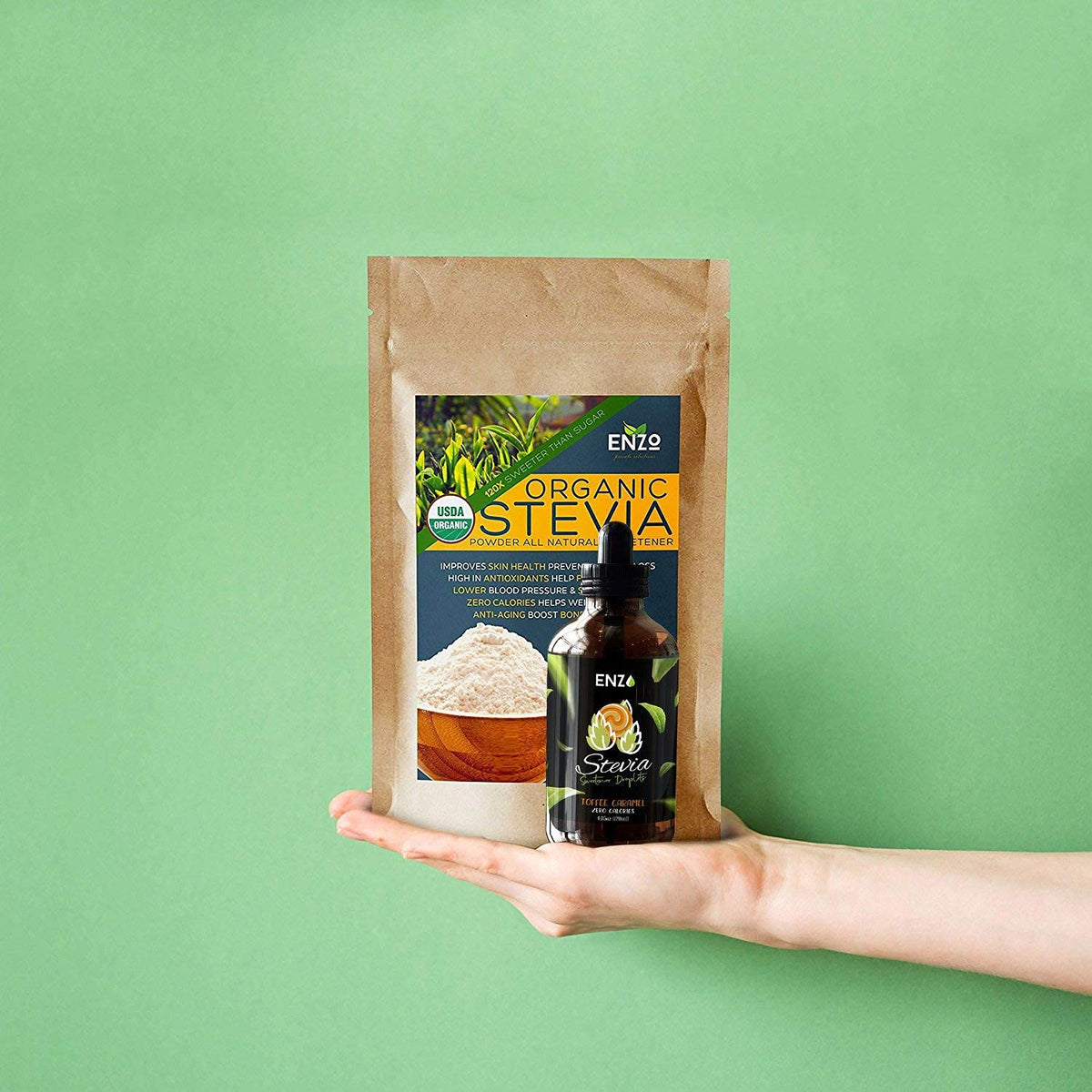 Enzo's Stevia Drops compatible with vegan, keto, and low-sugar diets.