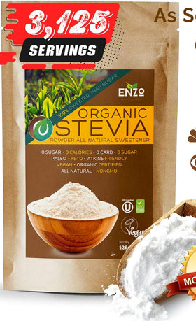 Enzos Private Selection Enzo Organic Stevia Powder bottle with premium label for zero-calorie sweetness.
