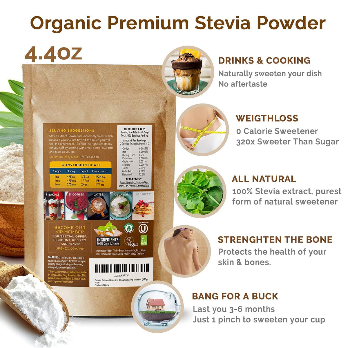 Pouring Enzo Organic Stevia Powder into coffee demonstrates sugar-free sweetness.
