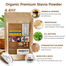 Pouring Enzo Organic Stevia Powder into coffee demonstrates sugar-free sweetness.