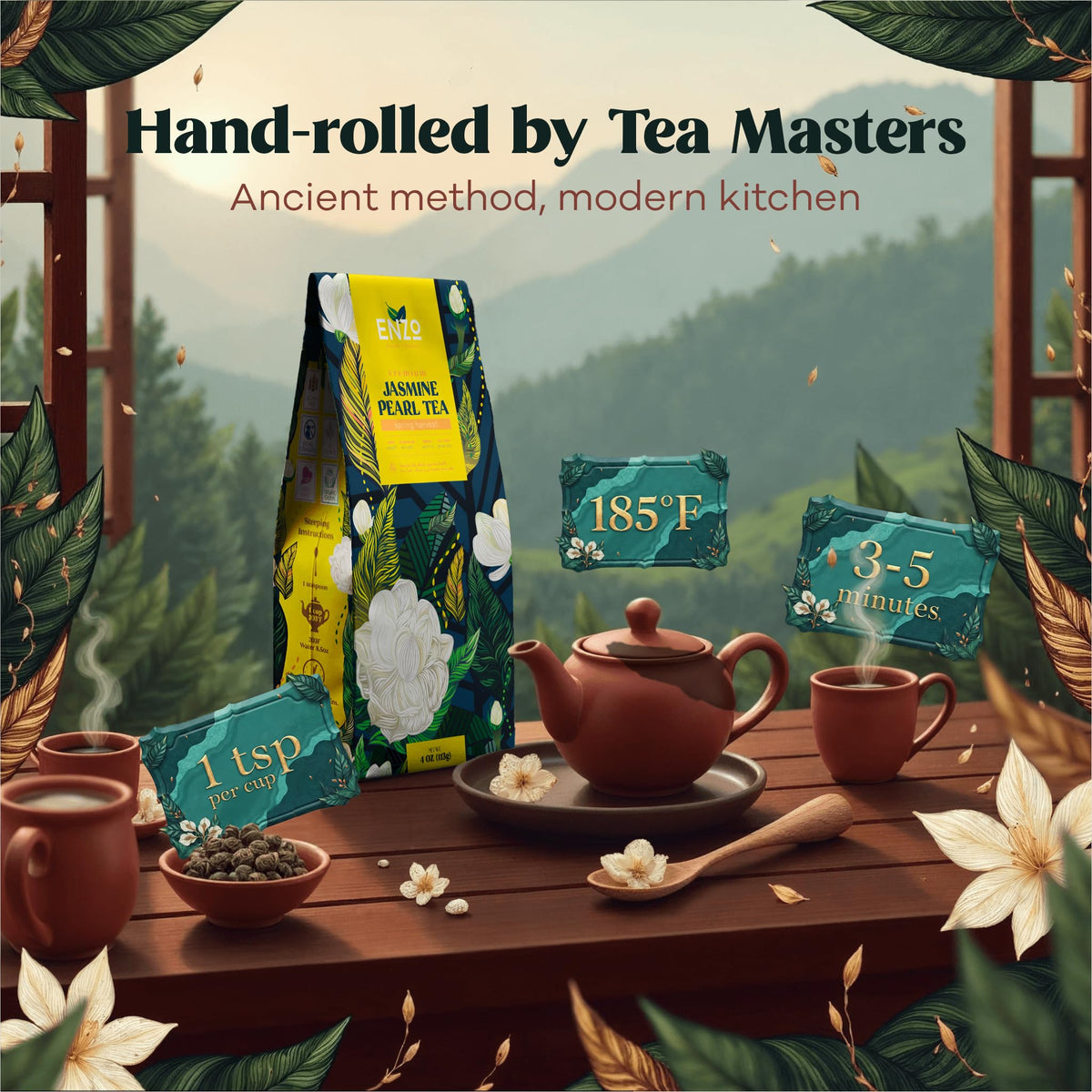 Enzo's Private Selection hand-rolled jasmine pearl reveals full fragrance when brewed.