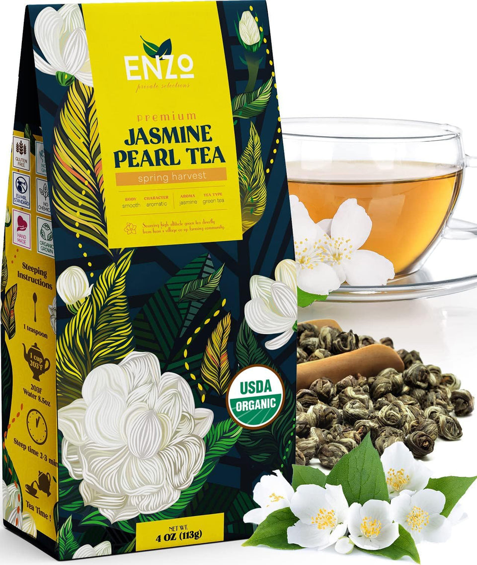 Enzo's Private Selection packaging shows premium jasmine tea pearls ready for daily rituals.