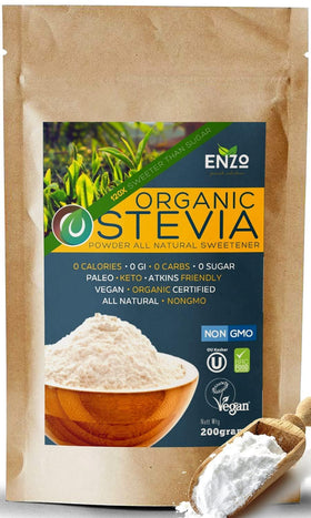 Enzo's stevia powder 200g packaging for everyday use, easy sweetness without calories