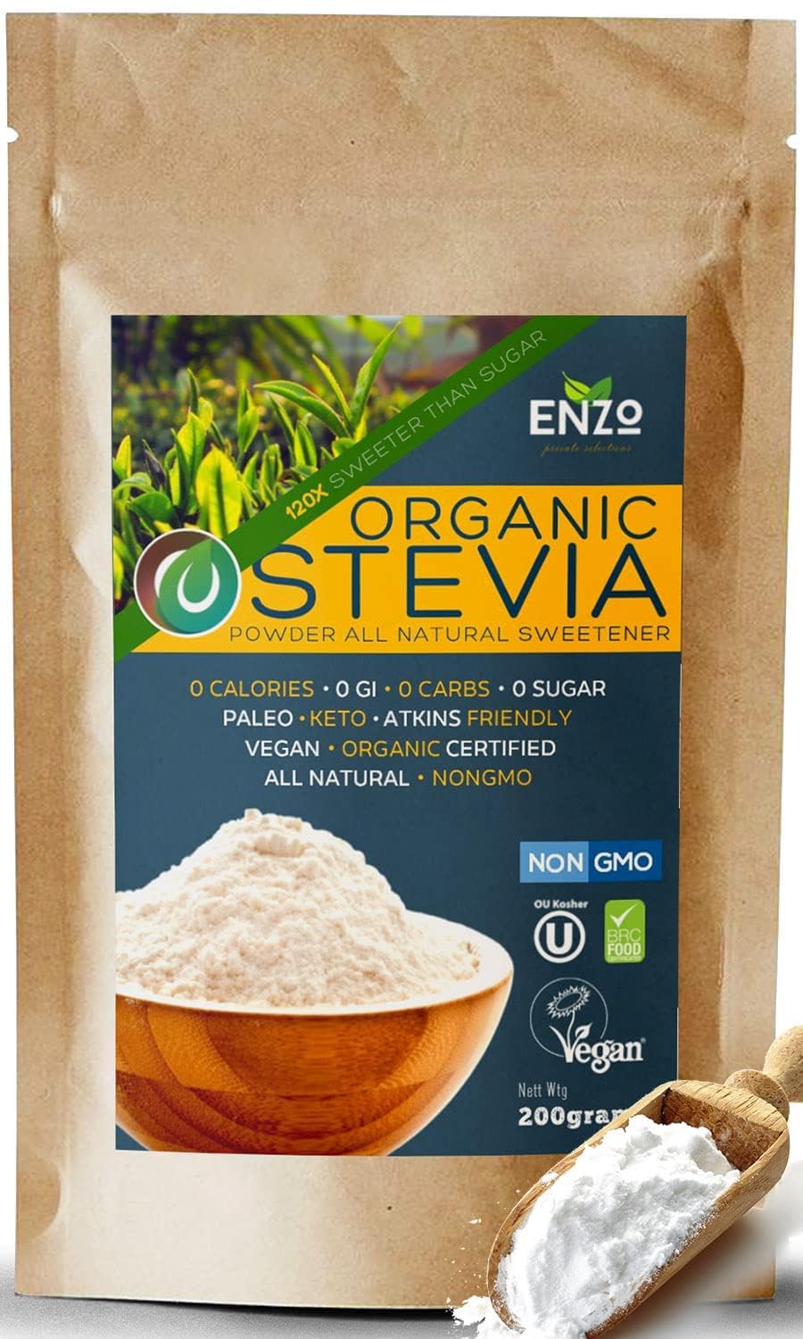 Enzo's stevia powder 200g packaging for everyday use, easy sweetness without calories