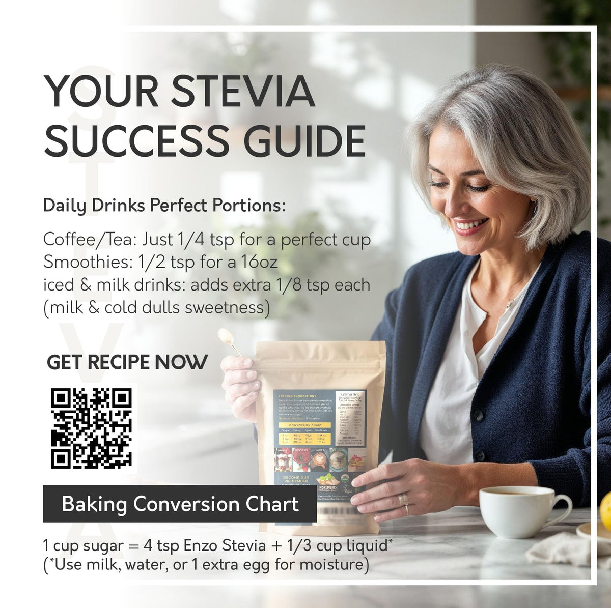 Kitchen scene with Enzo's stevia powder for easy at-home sweetness