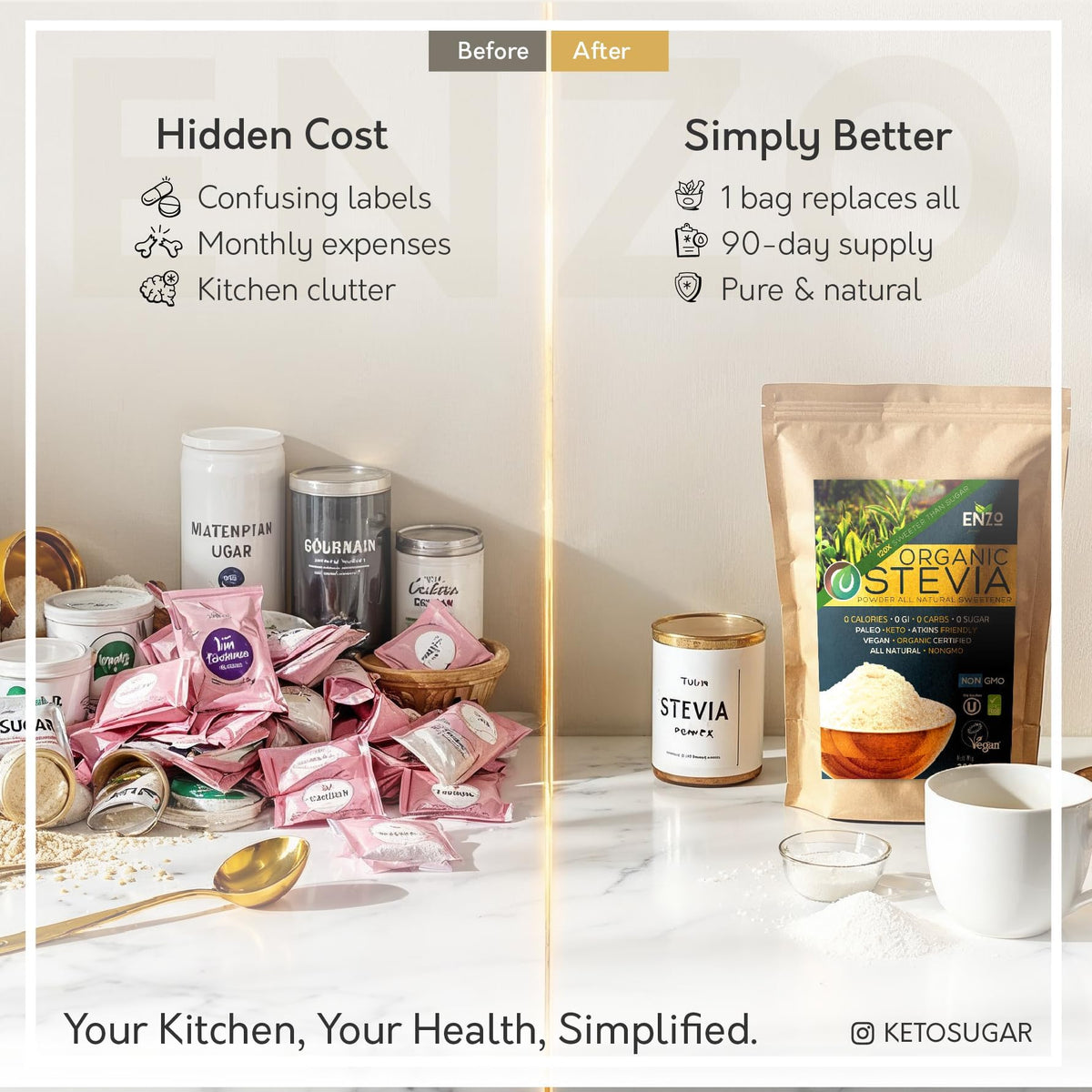 Enzo's stevia powder bag lasts longer between purchases
